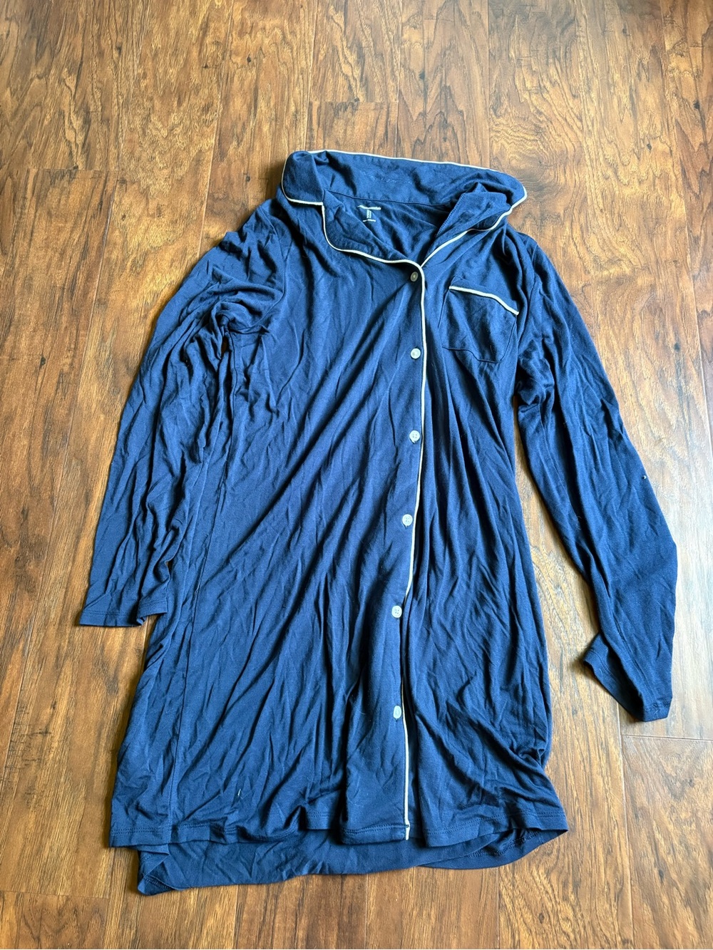 Navy Blue Button-Up Long Sleeve Nightshirt dress with Contrast Piping